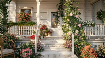 Spring themed home decoration with flower filled staircase and porch