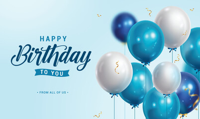 Happy birthday greeting vector design. Birthday greeting text with blue and white inflatable balloons for boys invitation card template. Vector illustration birth day card design.   © AmazeinDesign