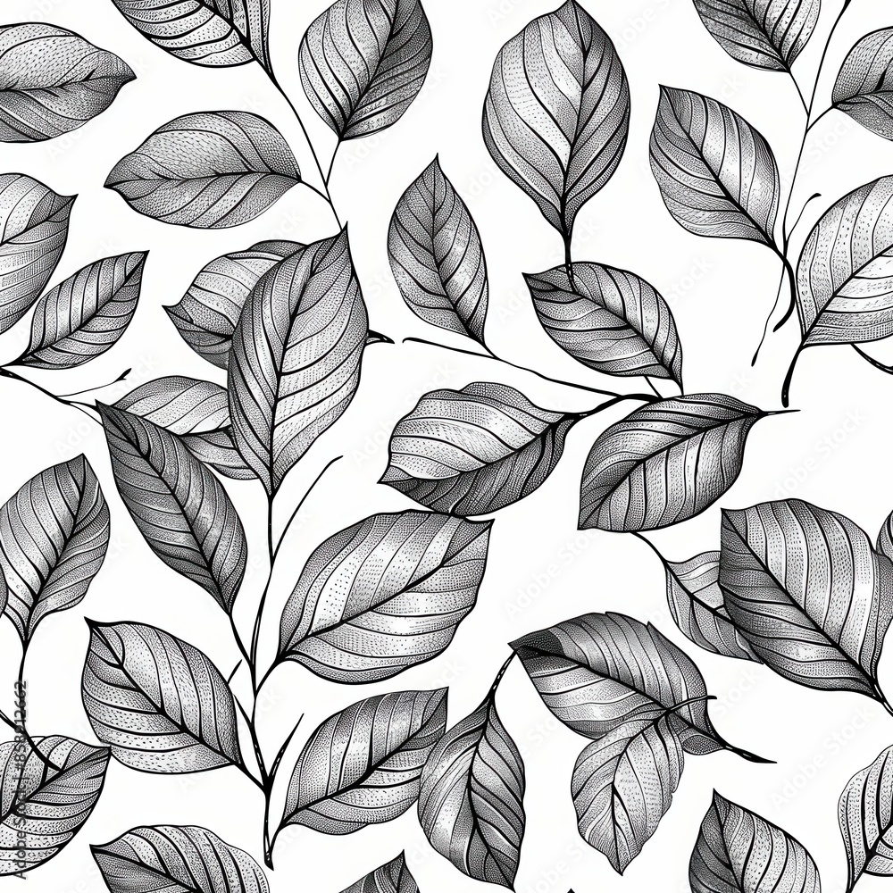 Poster a seamless pattern of black and white hand-drawn leaves. the leaves are detailed and intricate, with