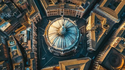 Obraz premium Aerial view of a grand dome in an urban cityscape at sunset, showcasing stunning architecture and geometric patterns from above.
