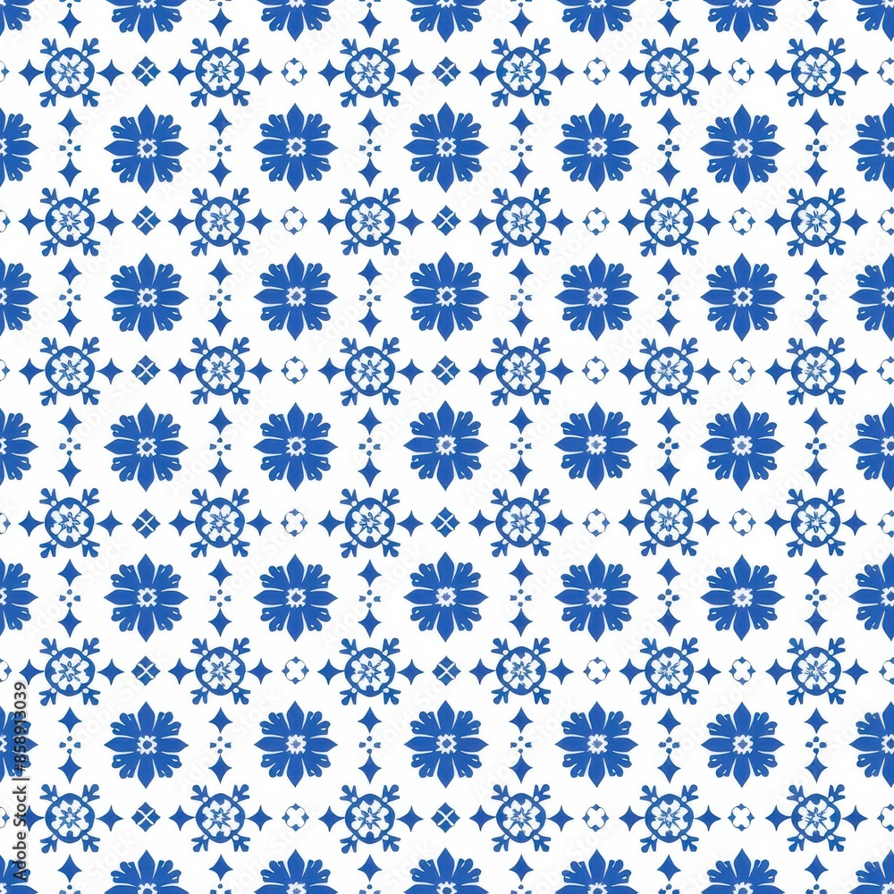 Poster This image shows a seamless pattern featuring blue floral tiles on a white background. The design is symmetrical and repetitive, creating a classic and elegant aesthetic. The intricate details of the 