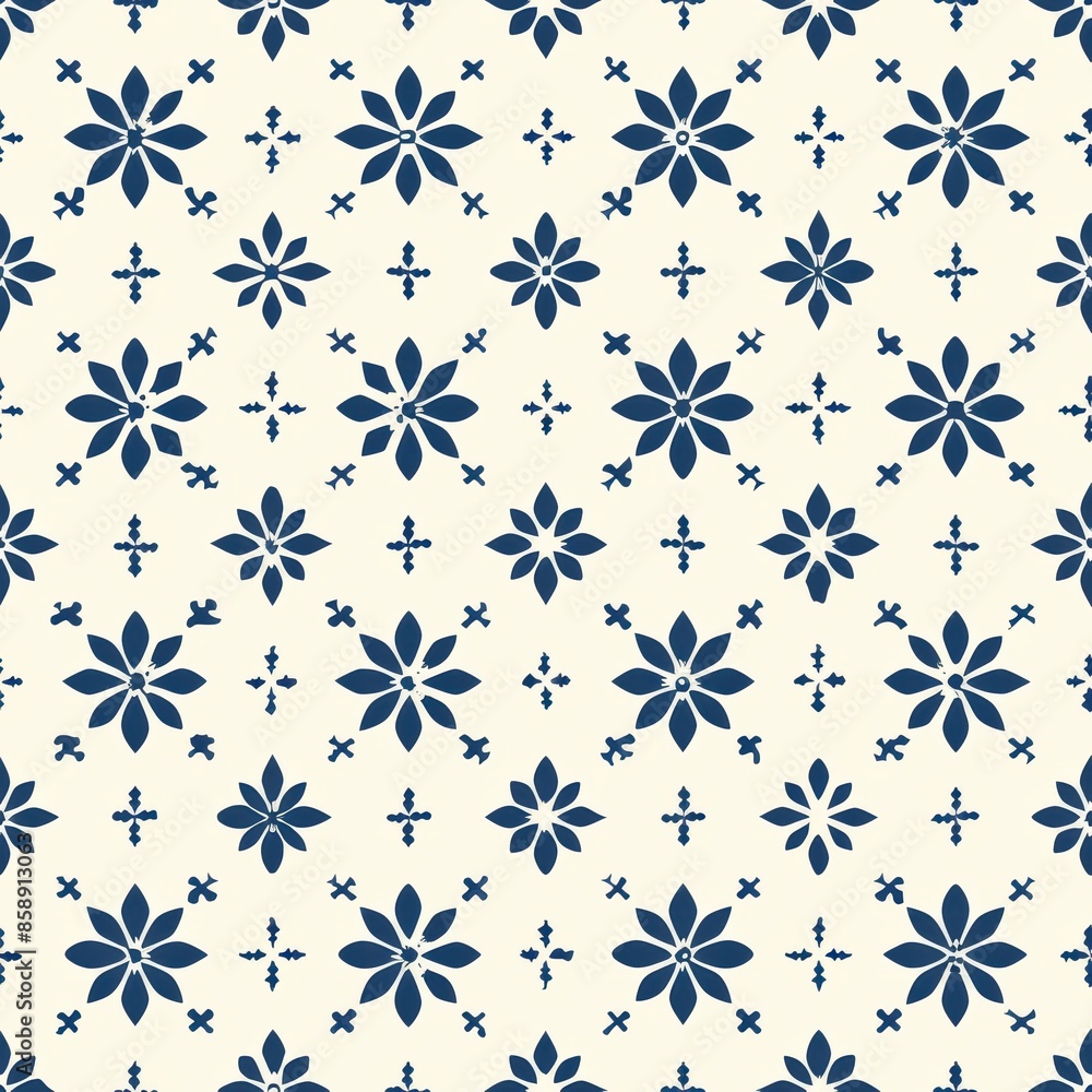 Poster This image features a seamless pattern of blue floral motifs on a white background. The flowers have eight petals each and are arranged in a repeating grid pattern. The design creates a simple and ele