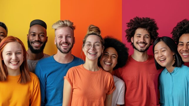 A diverse group of friends stands together in front of a colorful wall, each wearing a vibrant shirt. The group is made up of people of different races and ethnicities. They are all smiling and appear