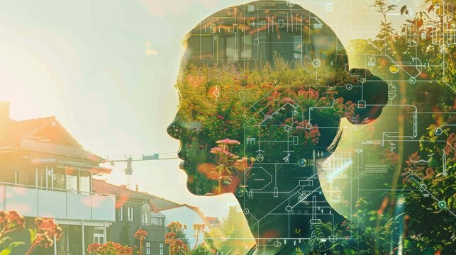 The image depicts a womans silhouette in profile, overlaid with a pattern of interconnected lines and circles, suggesting technology. Behind her, a lush, vibrant garden with flowers and greenery creat