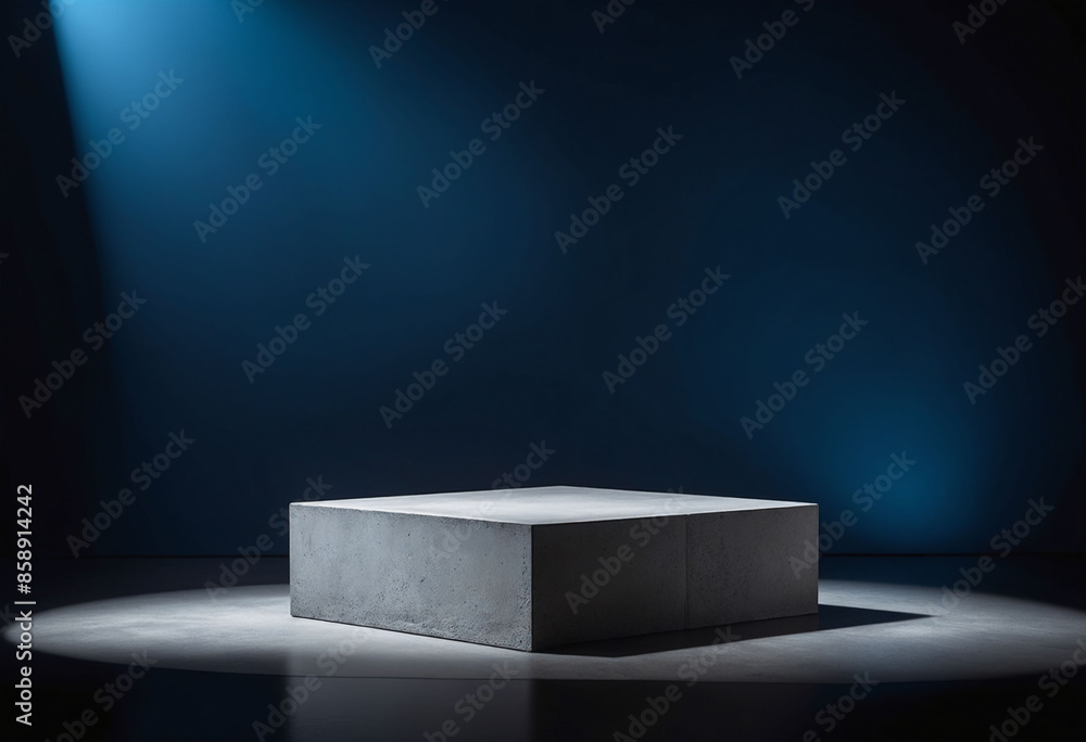 Poster podium display with concrete texture on deep blue background for product showcase