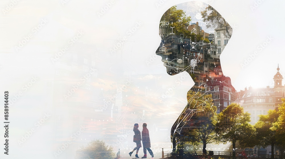 Poster A double exposure image featuring a womans silhouette in profile. The silhouette is layered with a cityscape and trees, creating a visually striking and abstract depiction of urban life.
