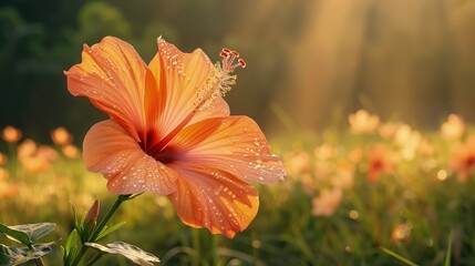 A single orange Hibiscus flower in full bloom, its large petals dew-kissed and radiant, set against a dreamy, soft-focus backdrop of a flowering garden bathed in golden afternoon light.