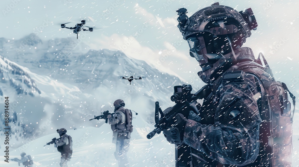 Poster a soldier in camouflage gear, with a rifle in hand, stands in a snowy mountain range. there are two 