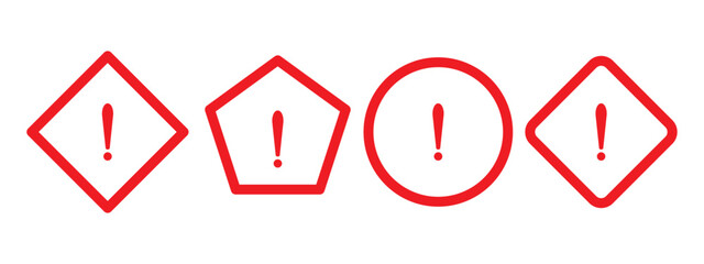 Red and White Round Circle Octagonal and Triangular Warning or Attention Caution Sign with Exclamation Mark Flat Icon Set. Vector Image.