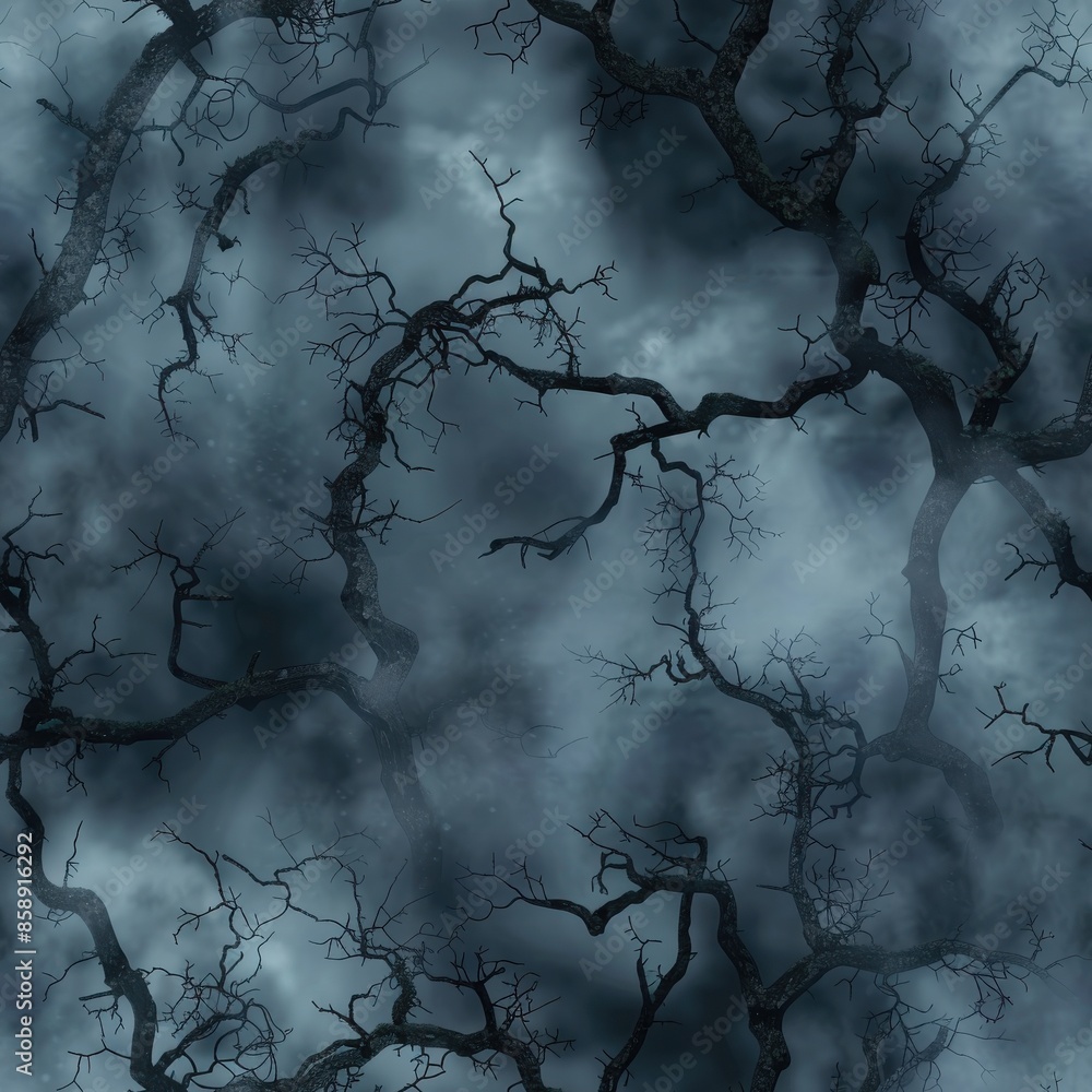 Aufkleber an abstract digital painting depicting bare, skeletal tree branches silhouetted against a hazy, gray
