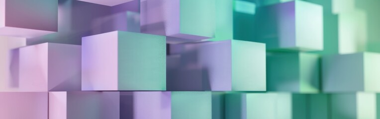Fototapeta premium A colorful image of cubes in various shades of green and purple. The image is abstract and has a modern, futuristic feel to it. The cubes are arranged in a way that creates a sense of depth