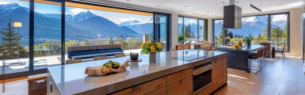 Aufkleber a large kitchen with a view of mountains. the kitchen is very clean and well-organized. there are ma