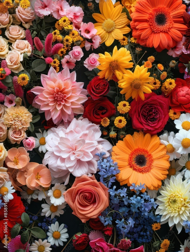 Poster a vibrant display of assorted flowers in full bloom adds a lively and colorful backdrop, enriched by