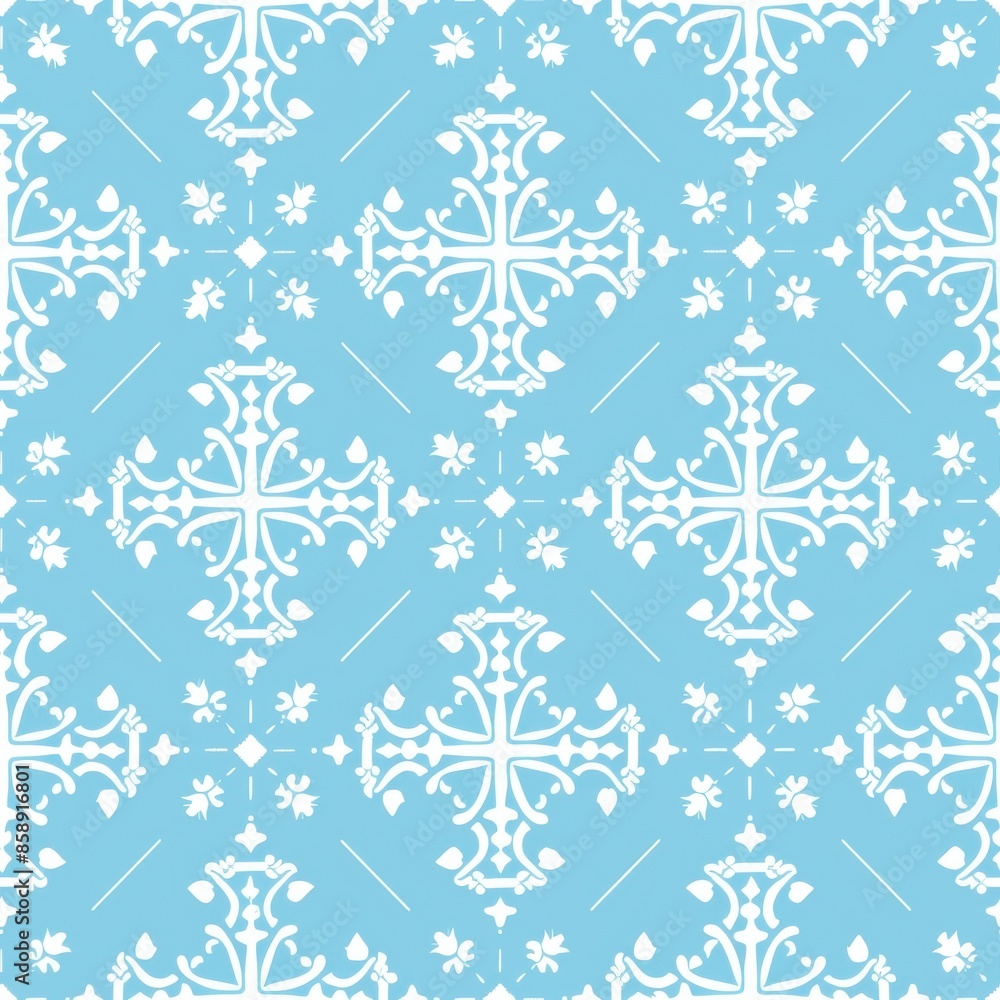 Poster This image shows a seamless pattern of white ornamental crosses on a light blue background. The pattern features intricate details, with each cross surrounded by smaller floral designs. The background