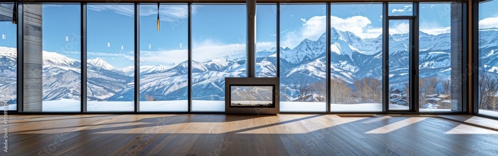 Poster a large window with a fireplace in the background. the fireplace is in the middle of the room and th
