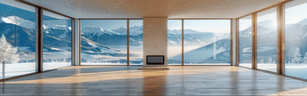 Poster a large room with a fireplace and a view of mountains. the room is empty and the fireplace is not li