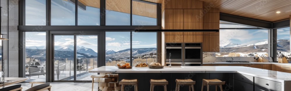 Aufkleber a large kitchen with a view of the mountains. the kitchen is very modern and has a lot of white coun