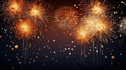 Happy new Year 2024, New Year Eve firework party celebration holiday greeting card background with year - Pinned cards on a string and gold fireworks in the night sky, Generative AI