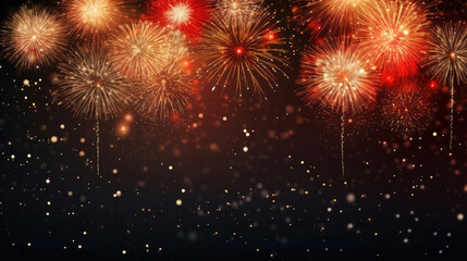 Fototapeta premium Happy new Year 2027, New Year Eve firework party celebration holiday greeting card background with year - Pinned cards on a string and gold fireworks in the night sky, Generative AI