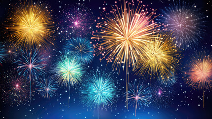 Happy new Year 2026, New Year Eve firework party celebration holiday greeting card background with year - Pinned cards on a string and gold fireworks in the night sky, Generative AI