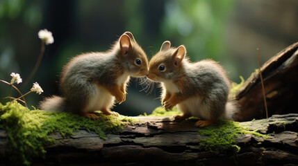 Obraz premium Wildlife animal photography background - Two sweet young red squirrels (sciurus vulgaris) babies kissing on a mossy tree trunk in forest,., Generative AI