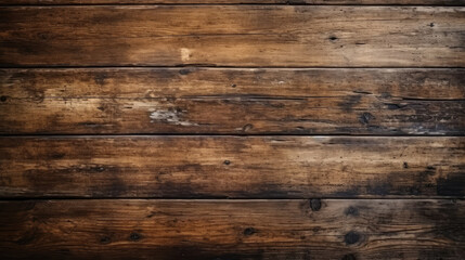 Naklejka premium Old brown rustic dark grunge wooden timber wall or floor or table texture - oak wood background banner, with vignette, Generative AI