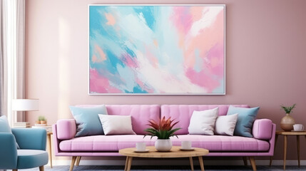 Abstract pastel color stain brushstroke background banner illustration - Pink blue art oil and acrylic smear blot canvas painting wall texture pattern, Generative AI