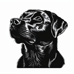 A black and white drawing of a labrador retriever dog