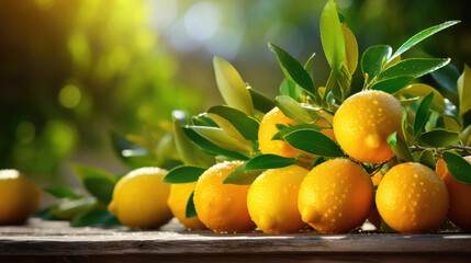 Harvest Food fruits photography background - Closeup of fresh ripe lemons with leaves, on wooden...