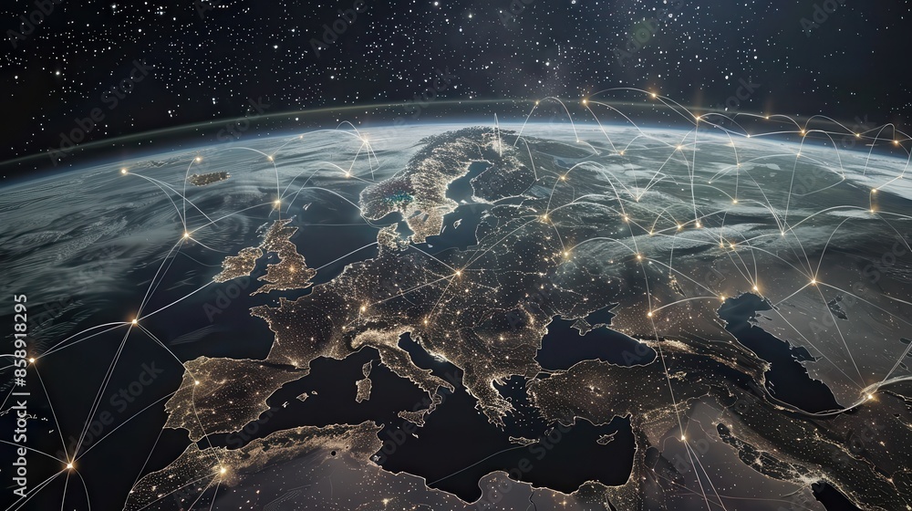Poster this image showcases a nighttime view of europe from space, with illuminated cities and towns. the i