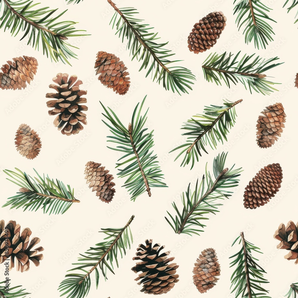 Leinwandbilder this image is a seamless pattern of watercolor pine branches and cones on a cream background. the pa
