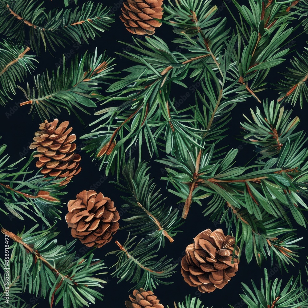 Aufkleber this illustration features a detailed, watercolor-style depiction of pine branches and cones on a bl
