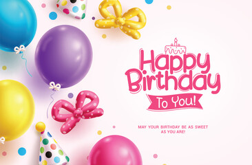 Happy birthday greeting vector background design. Birthday greeting text with colorful balloons and inflatable ribbon decoration elements. Vector illustration birth day invitation card design. 
