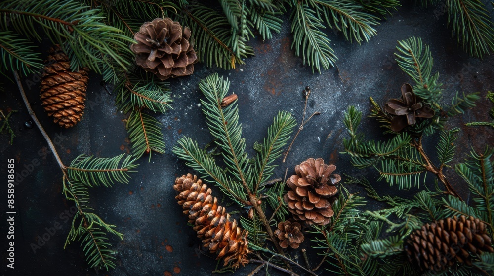 Poster A close-up image of pine cones and evergreen branches arranged on a dark background. The image captures the natural beauty of these wintery elements.