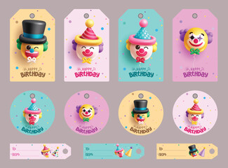 Birthday clown gift tags vector set design. Birthday card with clown balloons inflatable elements for party tags collection. Vector illustration clown gift tags design. 
