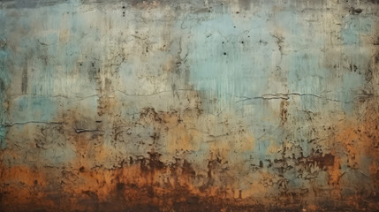 Obraz premium Abstract green rusty rust wallpaper texture wall illustration background with many worn aged weathered grunge layers, Generative AI