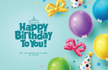 Happy birthday greeting vector background design. Birthday greeting text with colorful balloons and cute ribbon tie for kids party celebration design. Vector illustration birth day invitation card. 
