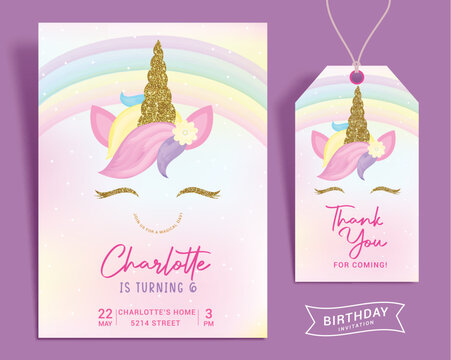 Birthday girl invitation card vector template. Birthday party invitation card with cute unicorn and colorful rainbow theme for kids magical day celebration. Vector illustration thank you tags template