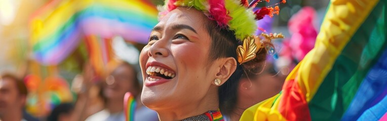 A woman is smiling and holding a rainbow flag. Concept of joy and celebration, as the woman is happy and proud of her rainbow flag