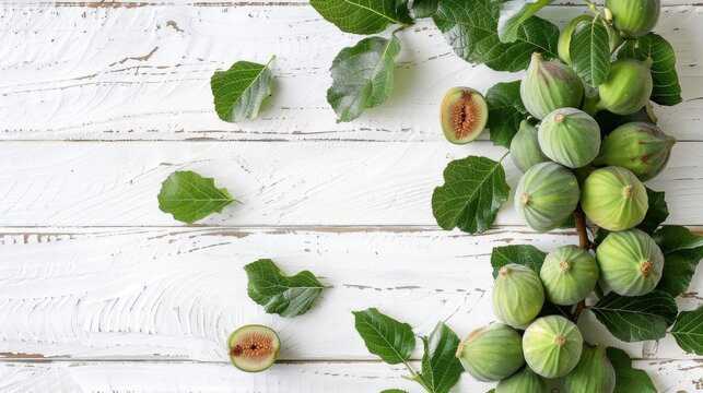 Green fig fruits and leaf against white rustic backdrop with room for custom text