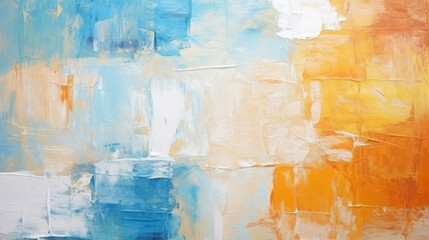 Closeup of abstract rough colorful blue orange multicolored art painting texture, with oil or acrylic brushstroke, pallet knife paint on canvas, Generative AI