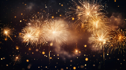 Naklejka premium Happy New Year 2024, Silvester New Year Eve firework party celebration holiday greeting card - Gold fireworks and golden bokeh lights on dark night background, Generative AI