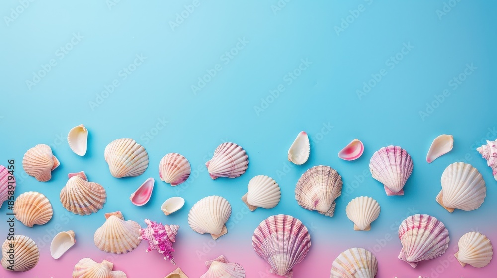 Aufkleber A flat lay image featuring seashells of various sizes and colors arranged in a single row on a light blue background that gradually transitions to pink. The shells are positioned in a random, yet visu