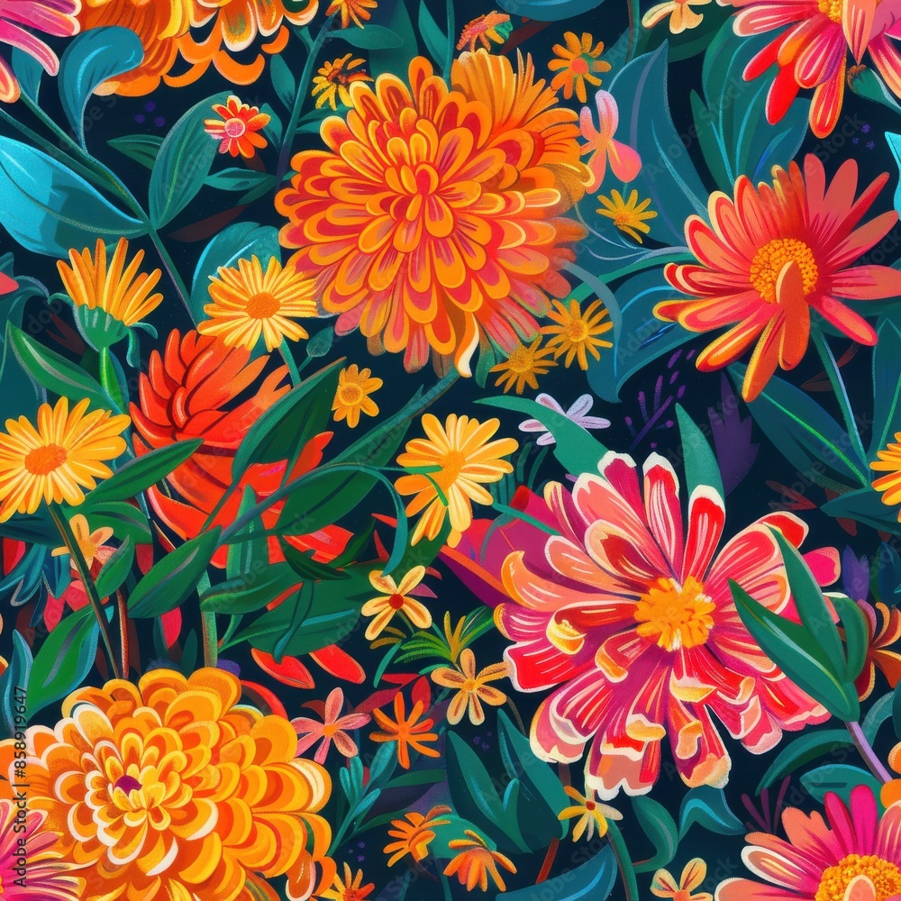Poster this image shows a vibrant pattern of various summer flowers on a dark blue background. the flowers 