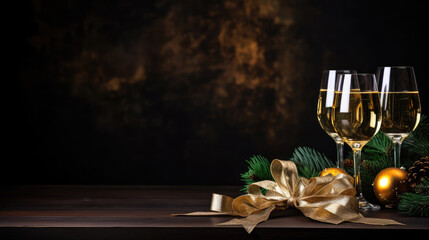 2024 Happy New Year, New Year Eve, Christmas, celebration party event holiday greeting card - Sparkling wine or champagne glasses and gold ribbon on dark black table background, Generative AI