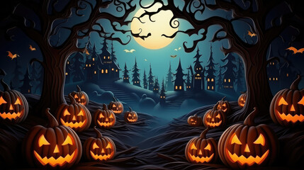 Happy Halloween greeting card background illustration - Modern paper cut art, silhouette of pumpkins and tree landscape, Generative AI