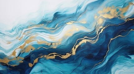 Obraz premium Abstract marble marbled ink painted painting texture luxury background banner - Blue waves swirls gold painted splashes., Generative AI