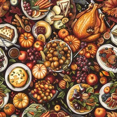 A vibrant illustration depicting a Thanksgiving table setting overflowing with delicious food and drink, featuring a roasted turkey as the centerpiece, surrounded by pumpkins, grapes, nuts, and other 