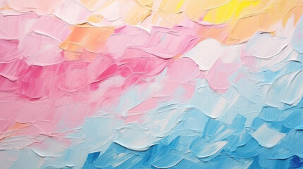 Closeup of abstract rough colorful multicolored art painting texture background wallpaper, with oil or acrylic brushstroke waves, pallet knife paint on canvas, Generative AI