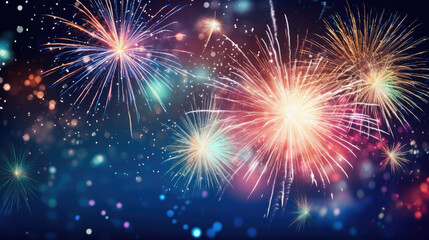Fototapeta premium Silvester New Year, New Year Eve 2024 party event celebration holiday greeting card - Closeup of sparkling sparklers, firework and bokeh lights in the background, Generative AI